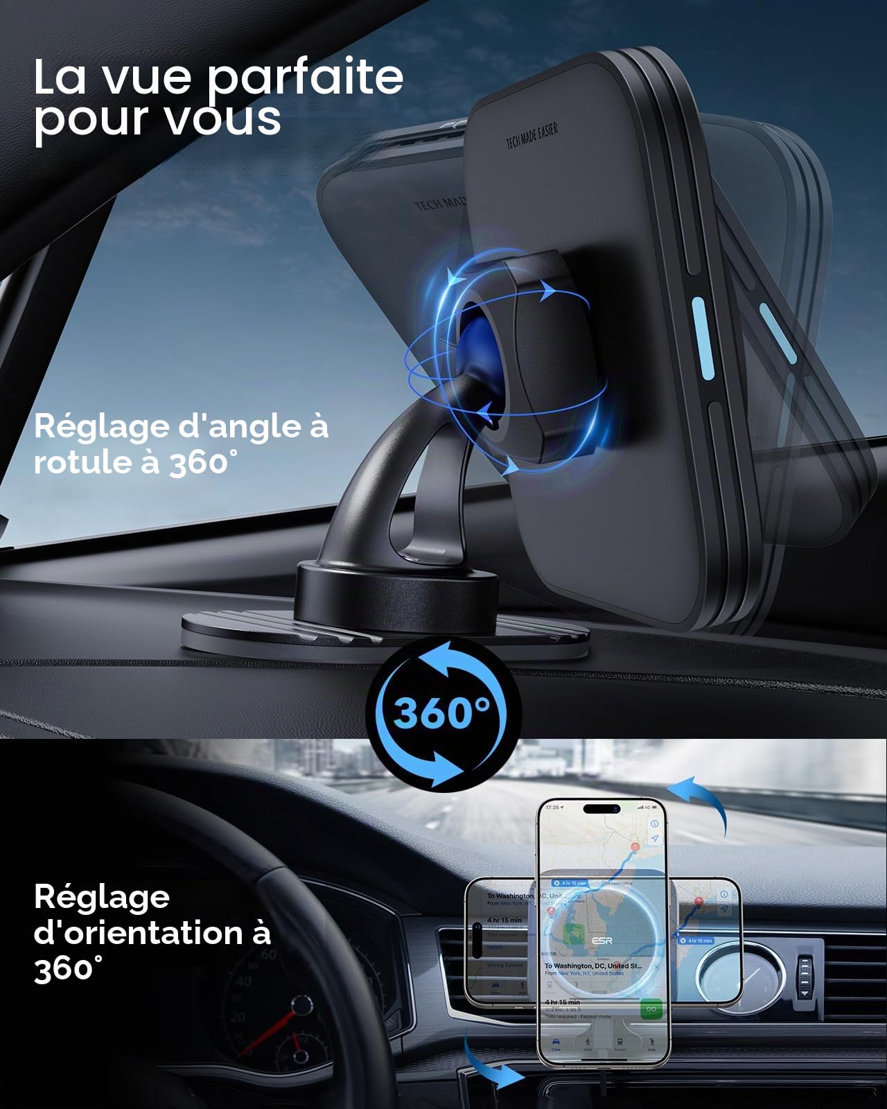 ESR 15W Support Telephone Voiture Magsafe, Chargeur Magsafe Voiture, Support Telephone Magnétique Chargeur sans Fil pour iPhone Air/17/17e/16/15/14/13/12, Galaxy S26/S25 Series, Charge Rapide, Noir