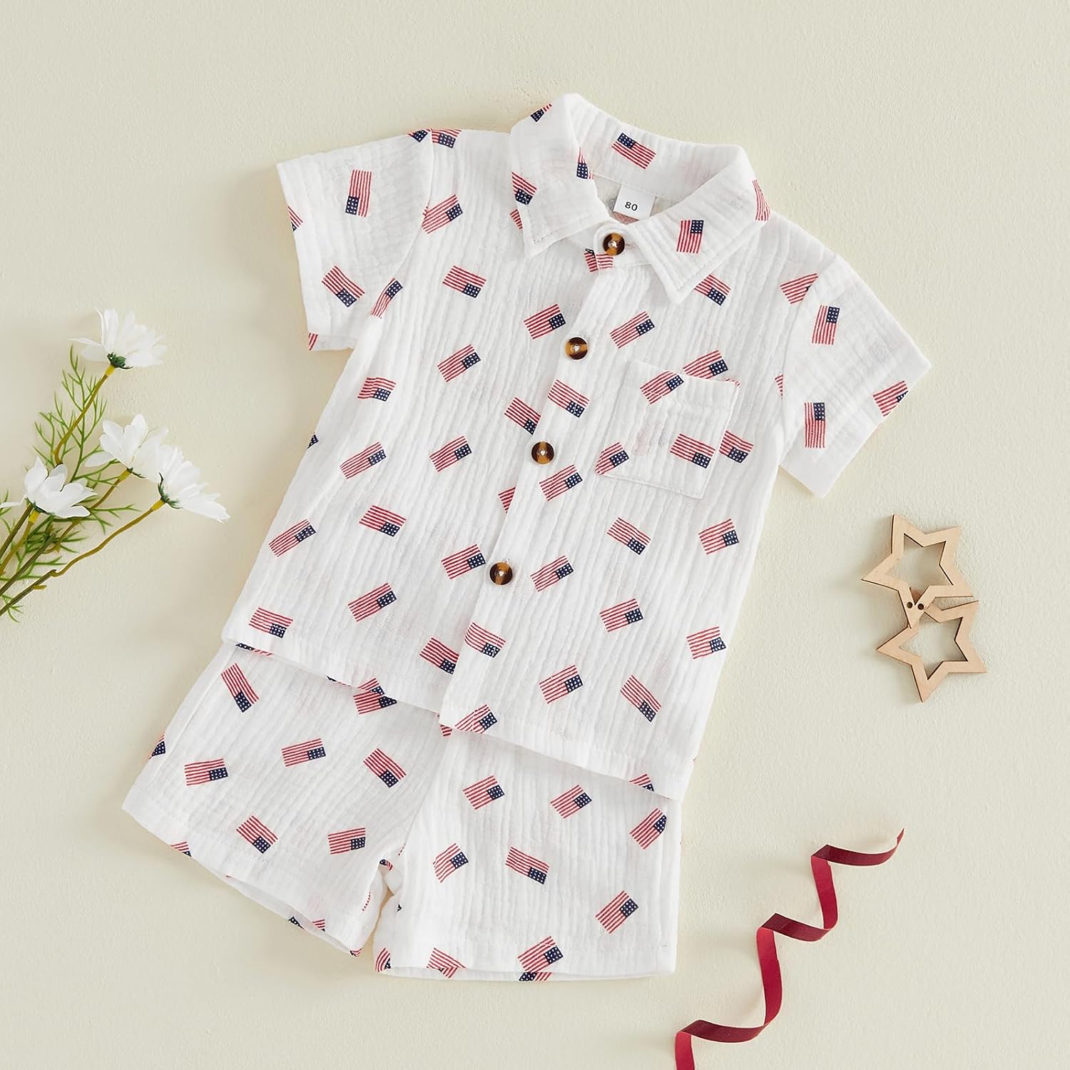 Toddler Baby Boy 4th of July Outfit USA Flag Cotton linen Button Down Short Sleeve Shirt Shorts Set Summer Outfits