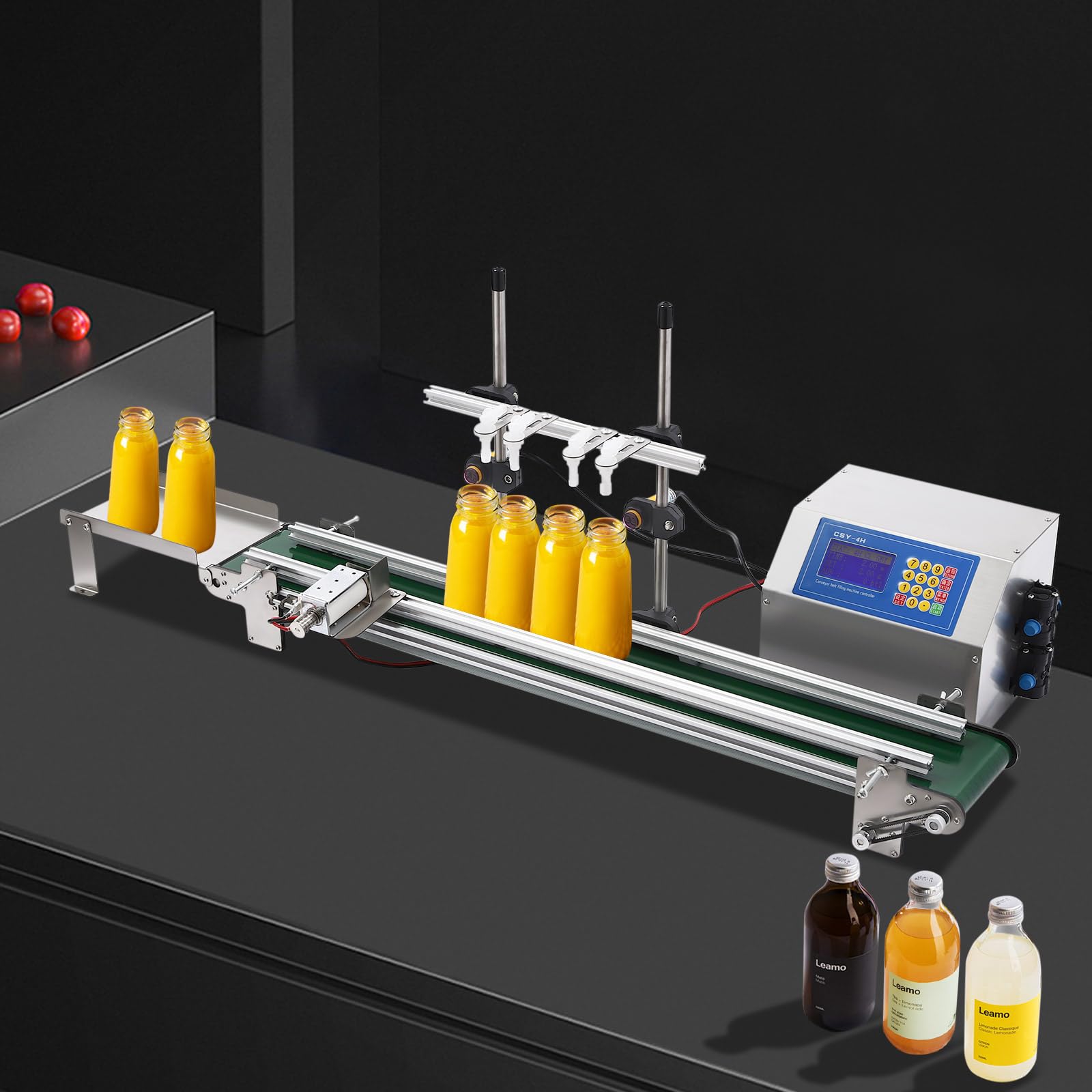 Abfüllmaschine für Flüssigkeiten mit Förderband und 1-4 einstellbaren Fülldüsen für 10-500ml Füllbereich Diaphragmenpumpe 150W geeignet