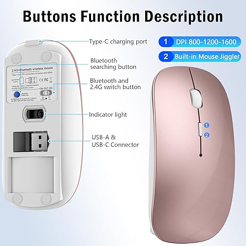 Miniatura 6 de Ratón inalámbrico Jiggler  Ratón de computadora recargable Bluetooth con motor de mouse Jiggler indetectable, mouse USB C óptico delgado de clic