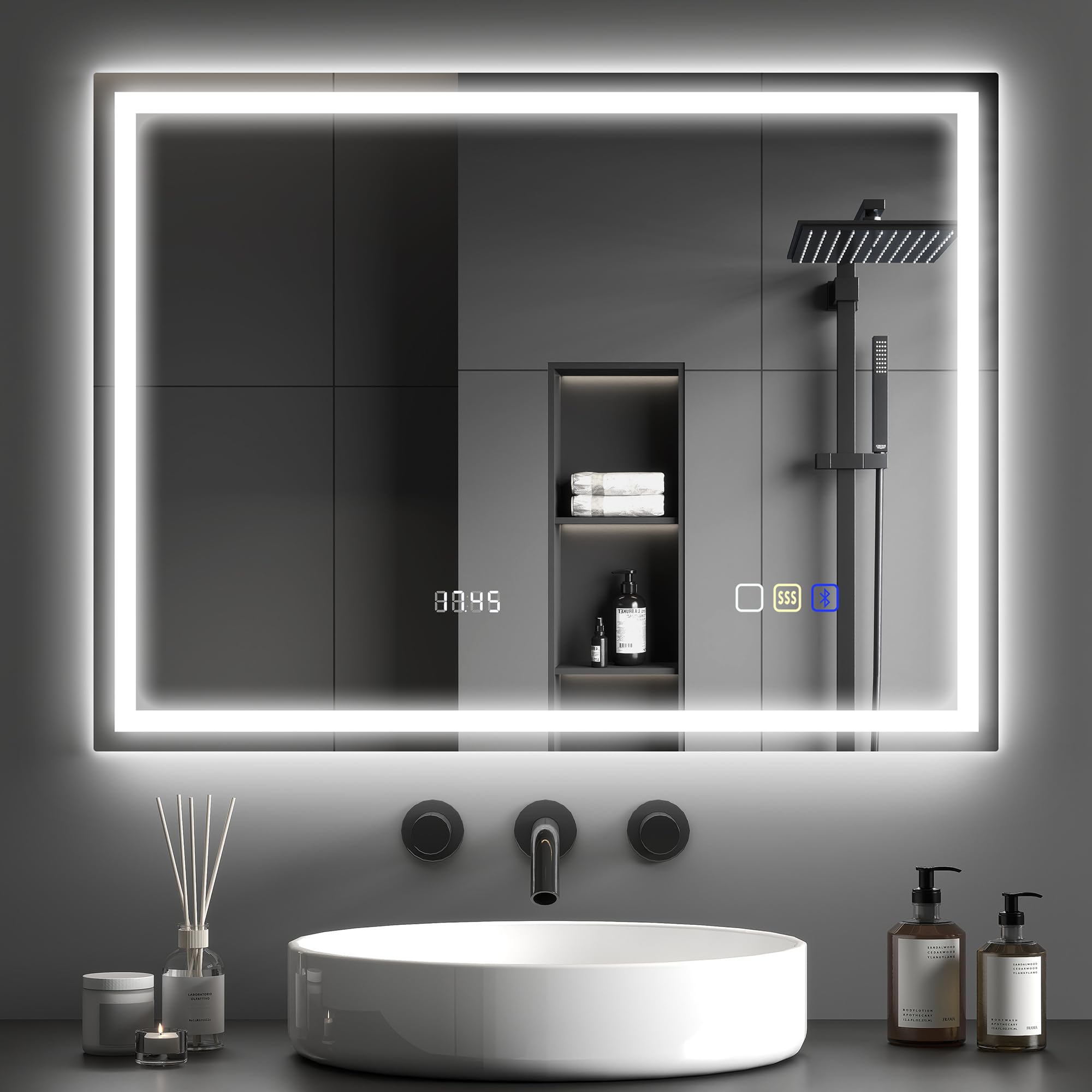 Homcom Silver 600 X 800 Mm Bluetooth Bathroom Mirror With Led Lights, Illuminated Backlit Wall Mounted Vanity Mirror With Colours Dimmable, Clock, Demister Pad, Memory Function, Touch Sensor, Ip44 Size 3