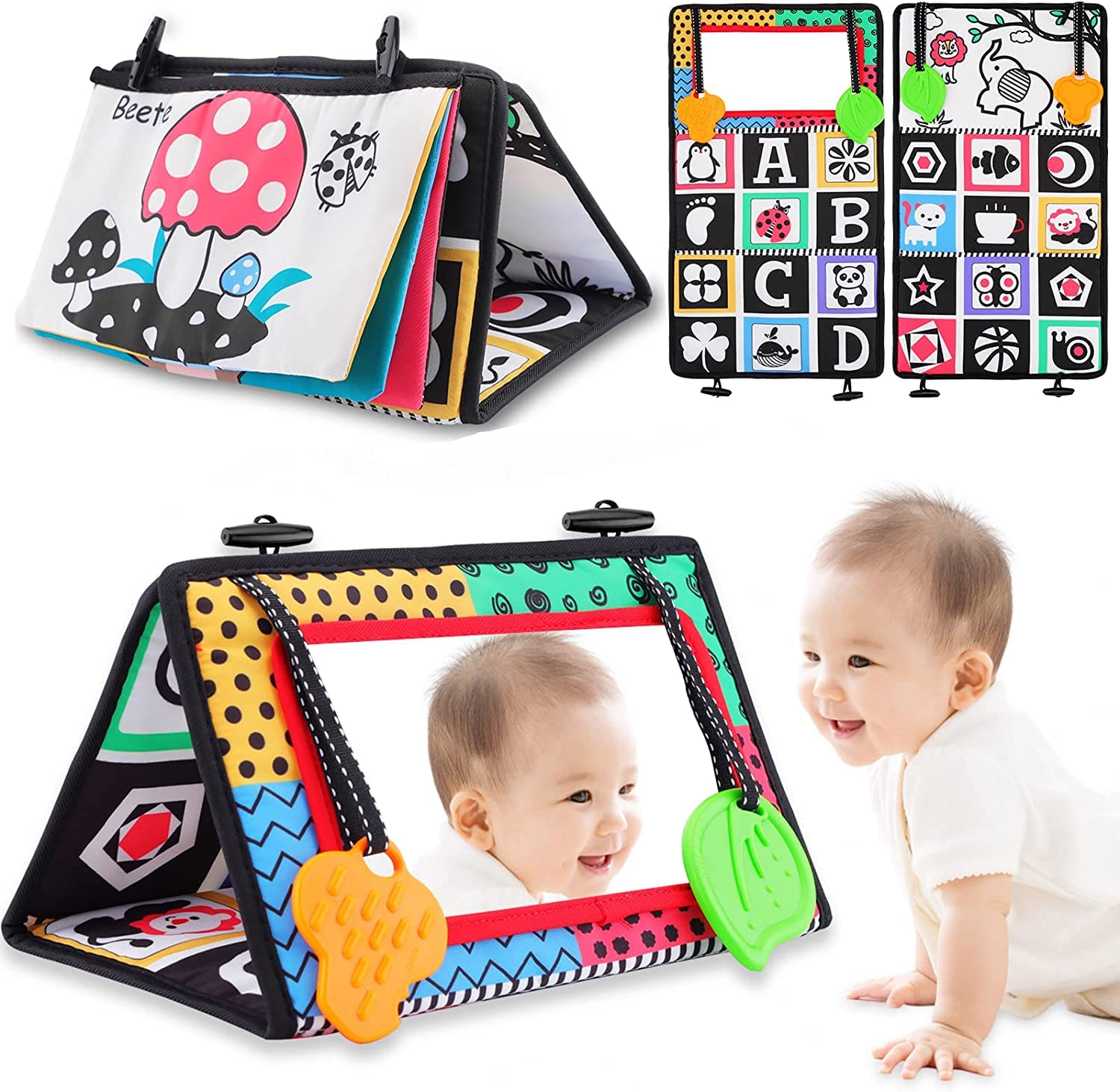 Mumoo Bear baby tummy mirror Time Flip - Floor with Teether Soft Cloth Book Black and White Sensory Toys Newborn Toy Developmental Gift for Infants Girls Boys 0-6 Months, Red