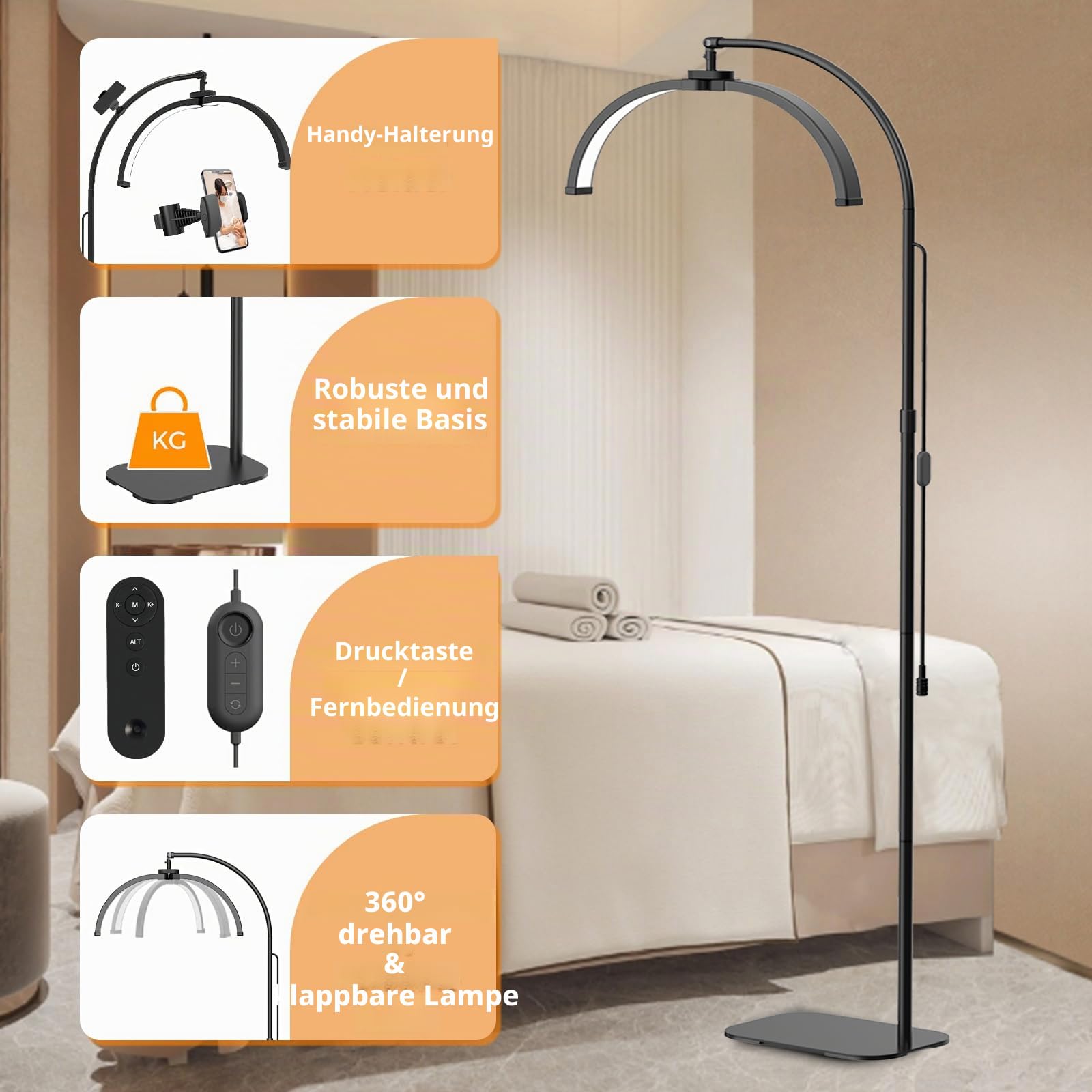 Halbmond Lampe Stehlampe LED, Wimpern Lampe für Wimpernverlängerungen mit Telefonhalterung & Fernbedienung, Dimmbar Faltbare Nagellampe für Beauty, Tattoo, Kosmetik – Schwarz2