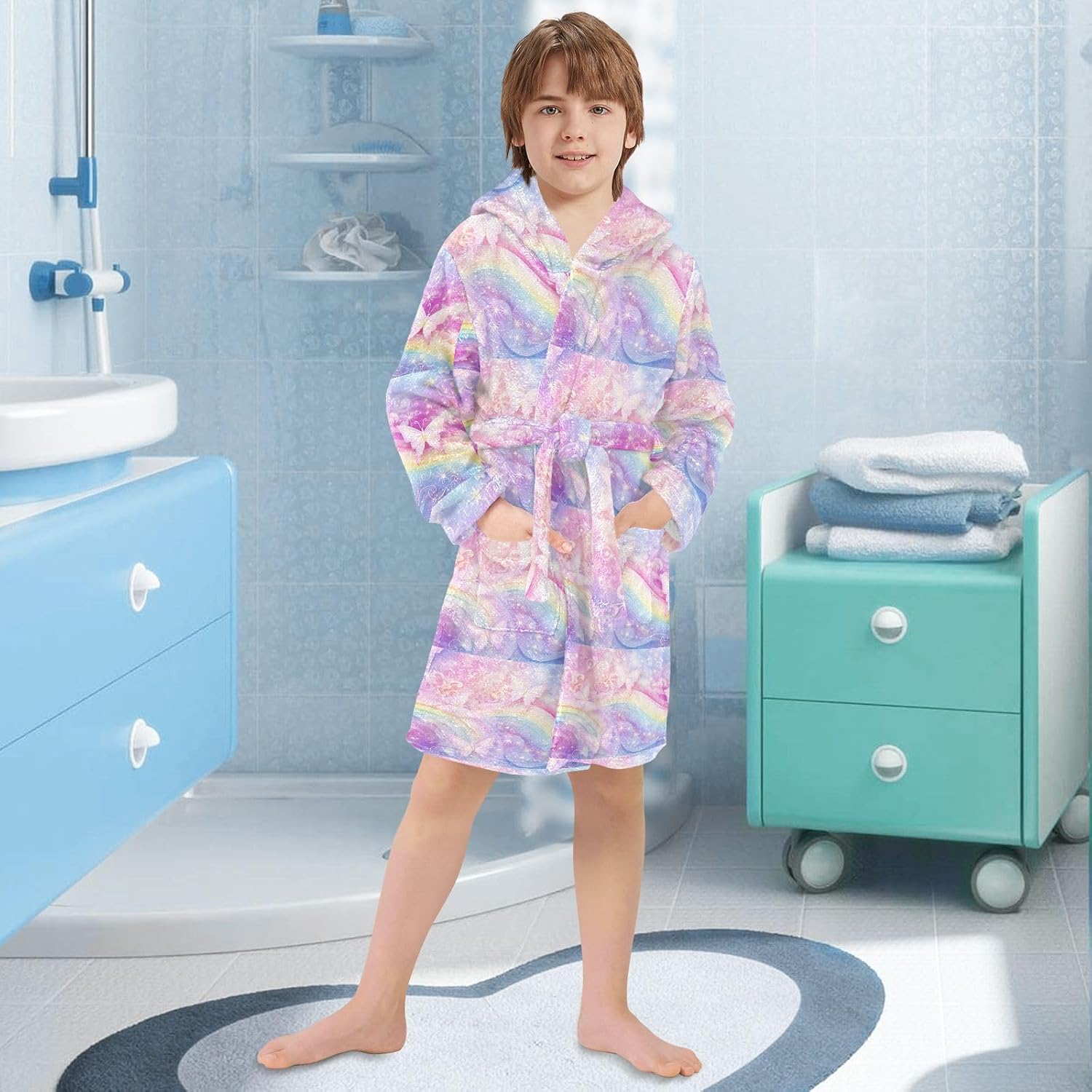 senya Rainbow Butterflies Toddler Hooded Bathrobe Kids Soft Plush Bath Towel Robes for Boys Girls 2-12 Years