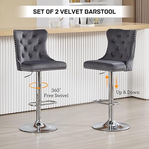 Miniatura 100 de Juego de 4 taburetes de bar giratorios ajustables de terciopelo con respaldo copetudo, ribete de cabezas de clavos y anillo de tracción, sillas de