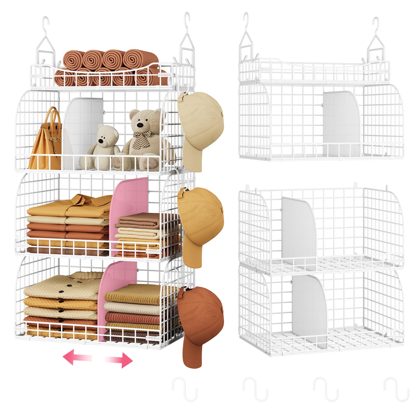 SWTYMIKI Hanging Closet Organizer Storage - 4 Tier Metal Stackable Hanging Closet Shelves with Dividers and S Hooks, Foldable Clothes Shelves for Clothes, Pants, Shoes, Coat, Hats Clutches Accessories