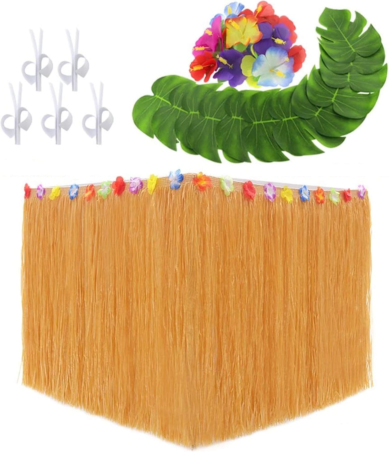 Fеаturеd Prоduсt HEHALI Hawaiian Luau Party Supplies Set, 1 Pack Yellow Hawaiian Grass Table Skirt, with 12pcs 8 Inches Tropical Palm Monstera Leaves and 30pcs Hibiscus Flowers (5pcs Adhesive Hook & Loop Tapes)