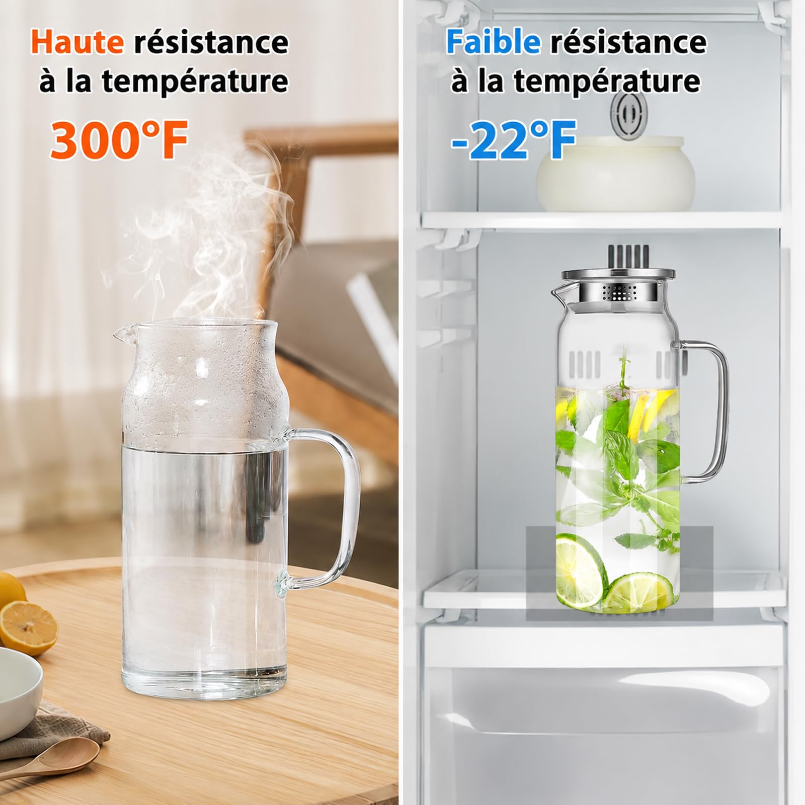Lot de 2 Carafes en Verre Borosilicate 2 L avec Couvercles Inox