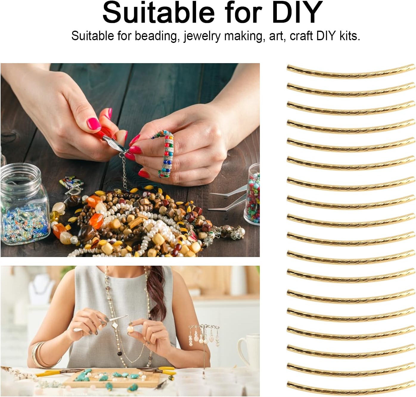 200Pcs Golden Plated Long Curved Noodle Tube Spacer Beads Sterling Bar Column for Bracelets Supplies (Gold) - Image 5