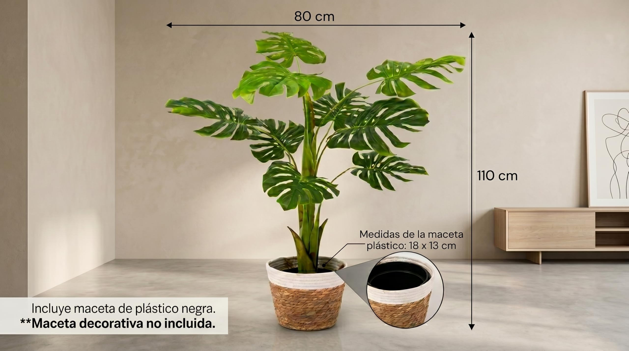 Monstera Artificial Grande 110 cm – Planta Decorativa para Salón Moderno, Planta Artificial Alta de Interior con Maceta Negra, Fácil Mantenimiento