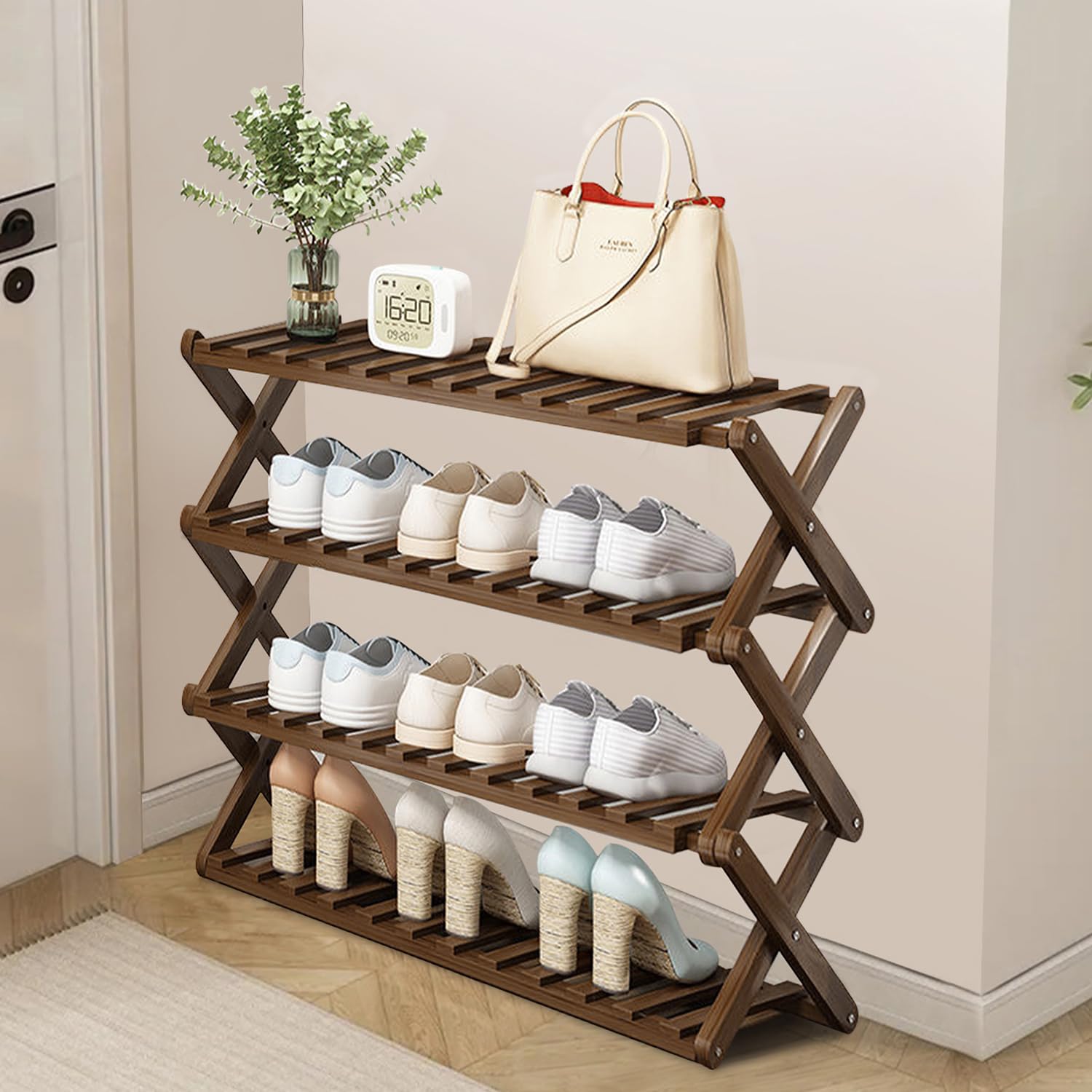 Bambus Schuhregal Organizer 4 Ebenen Faltbares Schuhregal Multifunktionale freistehende Schuhregale Perfekt für Schrank Eingang Badezimmer Wohnzimmer