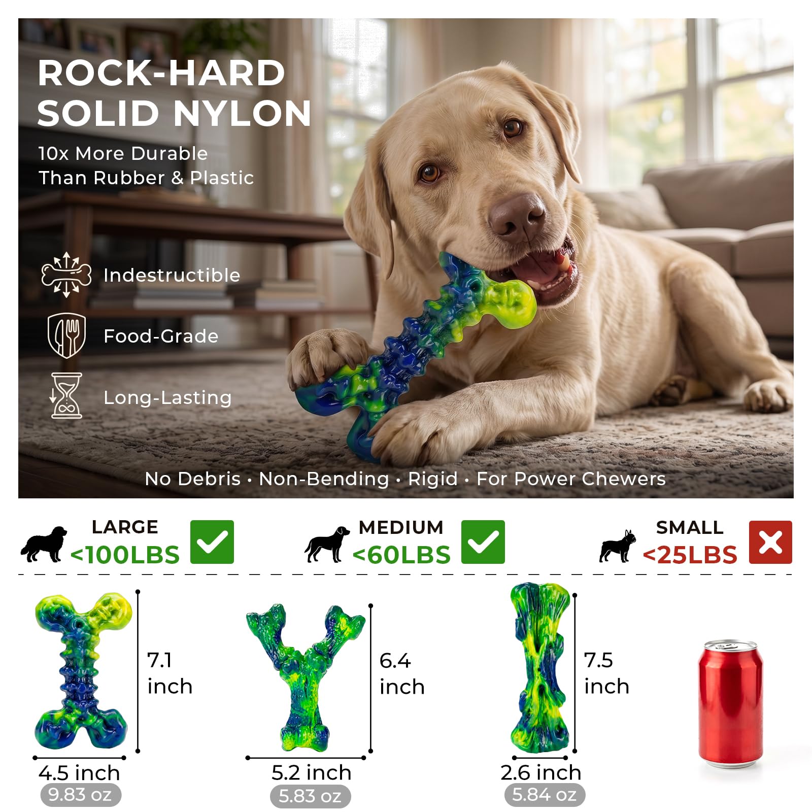 Kseroo Jouets à mâcher indestructibles pour chiens agressifs : lot de 3 os à mâcher en nylon au beurre d'arachide pour chiens de taille moyenne et grande de 11,3 à 36,3 kg, formes difficiles à mâcher