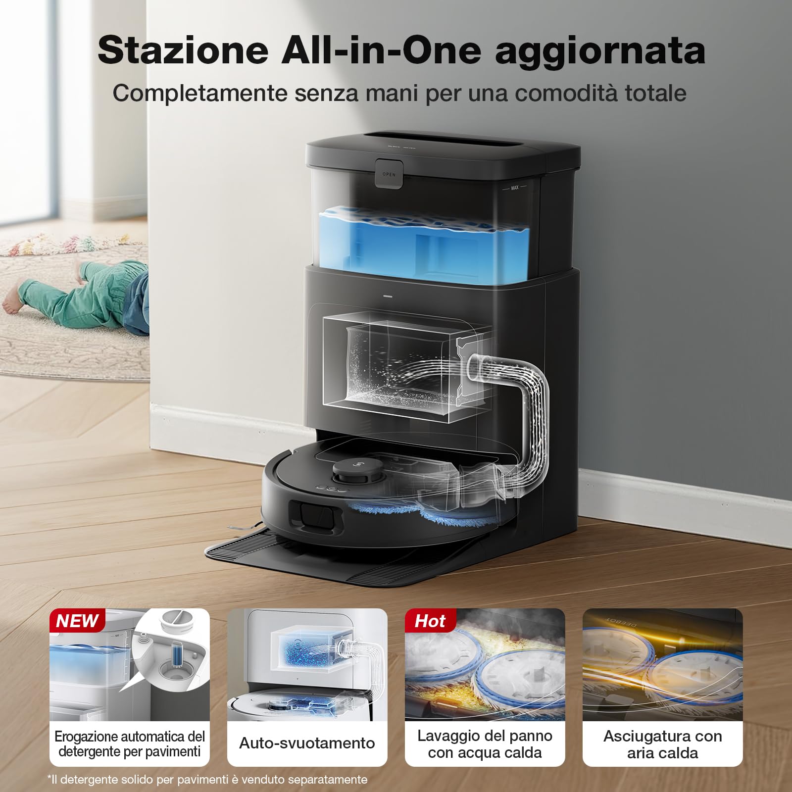 ECOVACS DEEBOT N30 PRO OMNI Robot Aspirapolvere Lavapavimenti, 10000Pa, Mopping Adattivo dei Bordi, ZeroTangle, Lavapavimenti ad Acqua Calda, Asciugatura ad Aria Calda, 9mm Sollevamento Mop, Nero