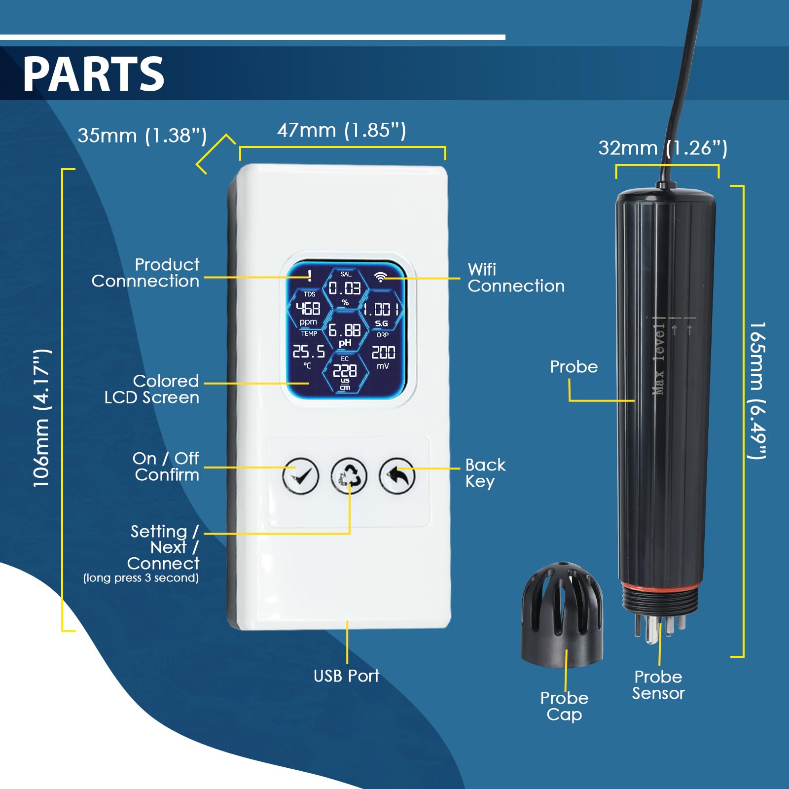 7-in-1 Smart Wasserqualitäts-Tester, Wireless WiFi Wasser-Monitor pH/ORP/TDS/EC/Salinität/SG/Temperatur, Wasserqualitäts-Messgerät mit App-Anbindung & Echtzeit-Alarmen für Aquarium Salzwasser-Aquarium