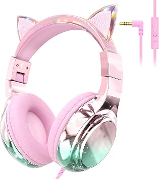 JYPS Kids Headphones, Cute Metallic, 85/94dB Vol Limit Wired Cat Pink | Stereo Sound, Sharing Function, Foldable 3.5mm Over-Ear Design, Toddler/Childrens Headphones for iPad, Tablet and School use