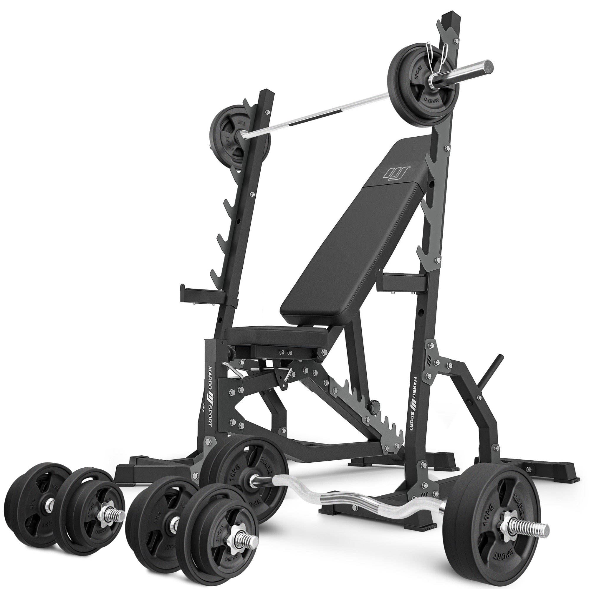 Marbo Sport Set MS8_2.0 | Doppelseitig verstellbare Hantelbank + Multilevel-Ständer (2 Stück) | Stangen und Gewichte 83/113 kg zur Auswahl | Made in EU