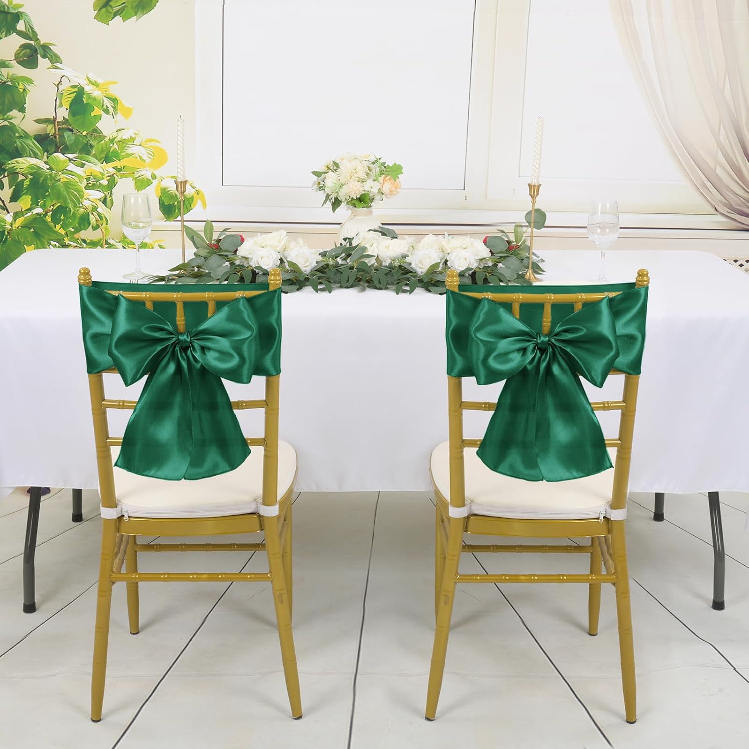 YMHPRIDE 60 PCS Emerald Green Satin Chair Sashes,Ties Bows Designed Chair Sashes for Wedding Party Baby Shower Banquet Restaurant Hotel Folding Chairs Decoration(Emerald Green,7x78 inch)