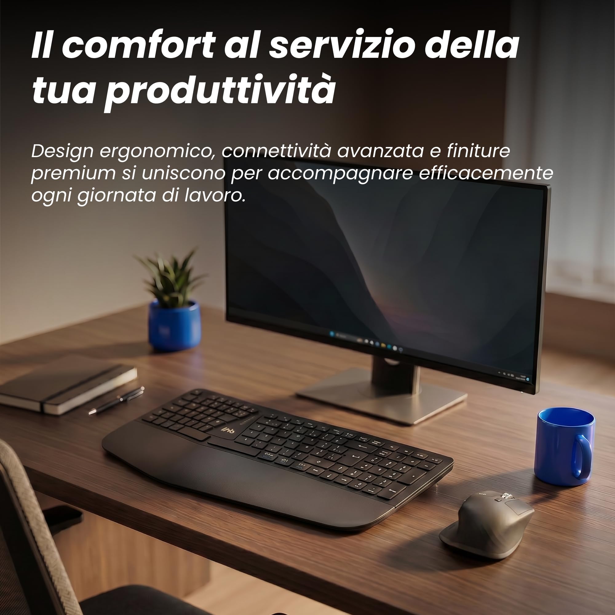 T'nB Ergo Key Pro - Tastiera ergonomica senza fili, doppia connessione | Bluetooth e 2,4 GHz, Poggiapolsi in finta pelle, AZERTY francese, Windows e macOS, nero