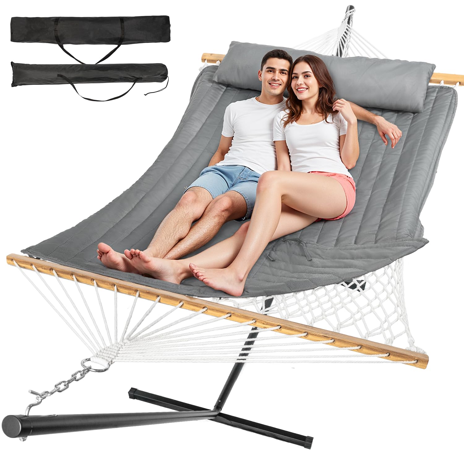Everyfun Double Hammock with Stand, 2 Person Cotton Rope Hammock with Removable Polyester Pad, 500LBS Capacity, Portable & Adjustable Design, Includes Storage Bag, Indoor Outdoor Use,Dark-Gray