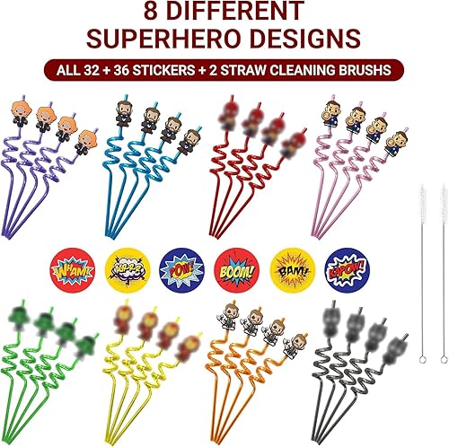 Miniatura 3 de 32 popotes de superhéroe para fiesta de Vengador, 32 popotes reutilizables con 8 diseños+36 calcomanías + 2 cepillos. Perfecto para suministros de