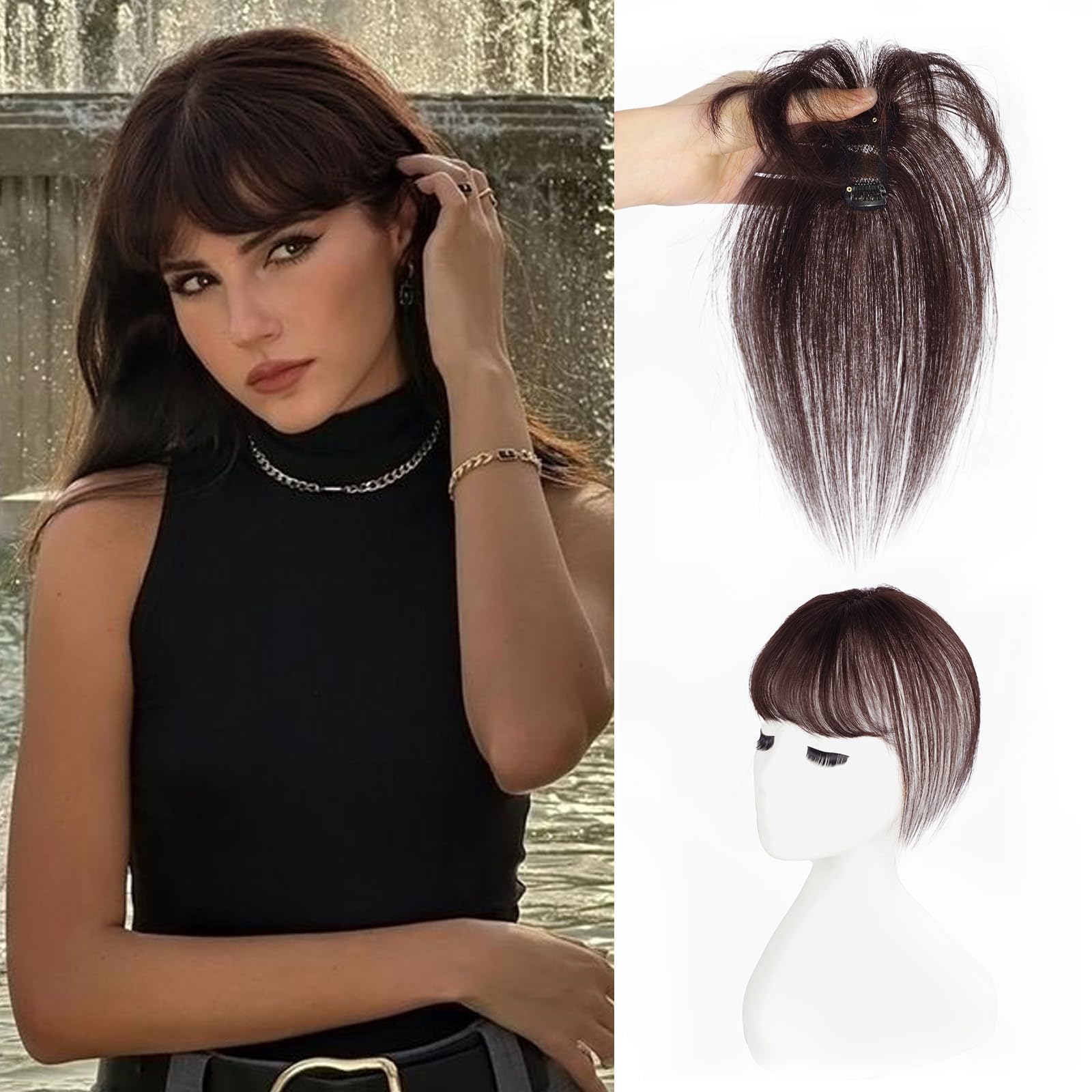 Vigorous Bangs Hair Clip, 360° Cover Clip in Bangs Real Human Hair 100% Human Hair Clip on Bangs?French Bangs for Women Fake Bangs for Daily Wear (Dark Brown)