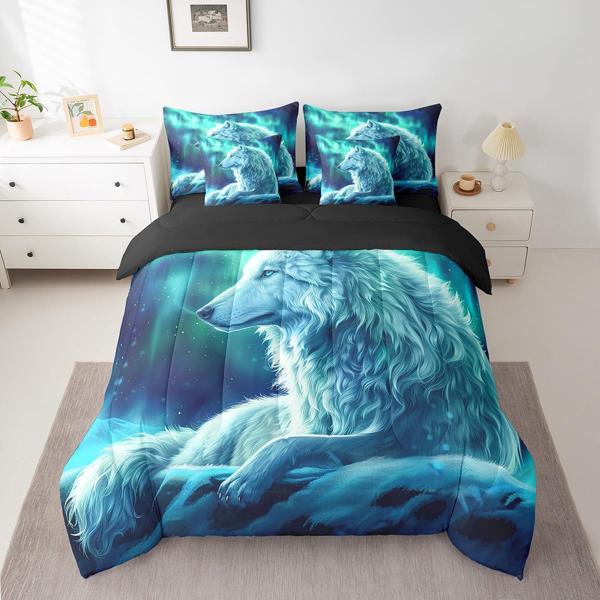 Feelyou Kids Wolves Bed in A Bag Queen, Wolves Howling 7 Pieces Bedding Set for Kids Wolf Comforter Set with Sheets Blue Wolf Bed Set 7Pcs
