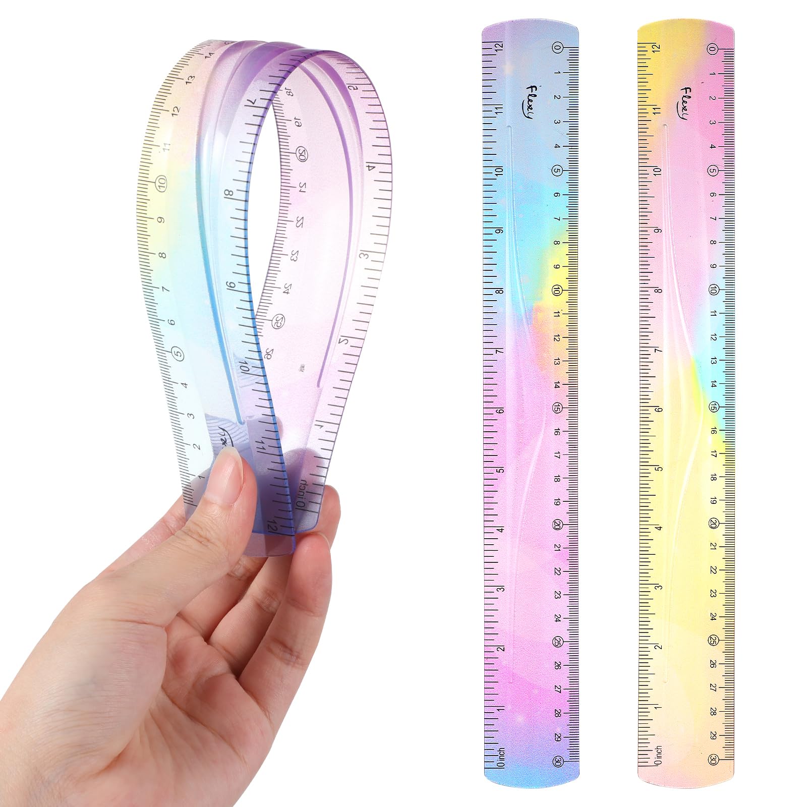 2 Pieces Flexible Ruler, Mabor 12inch Plastic Ruler Shatterproof Straight Edge Ruler Soft Bendable Ruler for School Classroom Office Kids & Adults