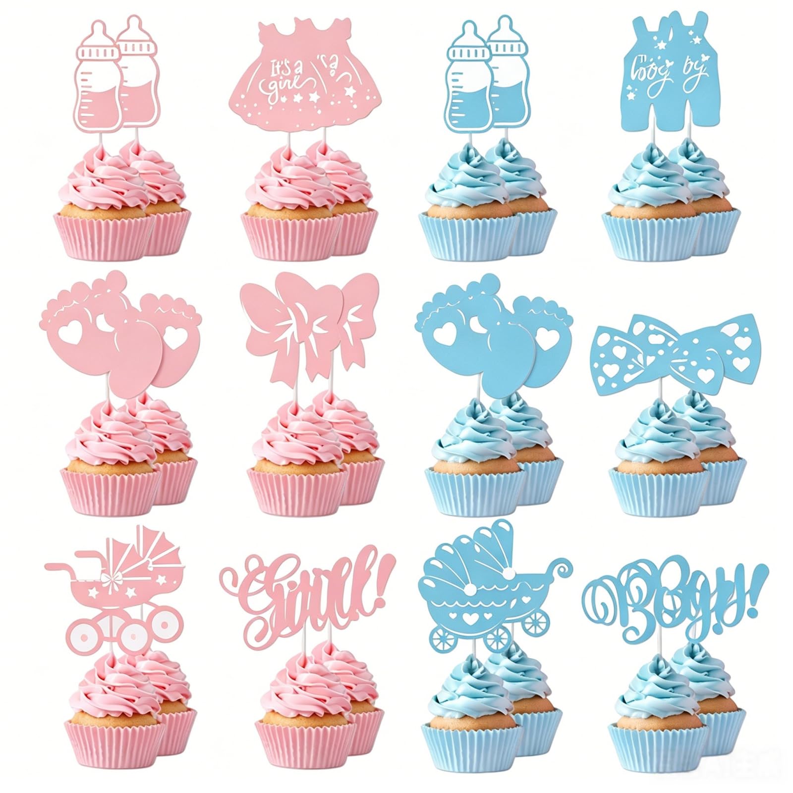 Gender Reveal Cake Toppers, Pink and Blue Gender Reveal Cake Decor, 24Pcs