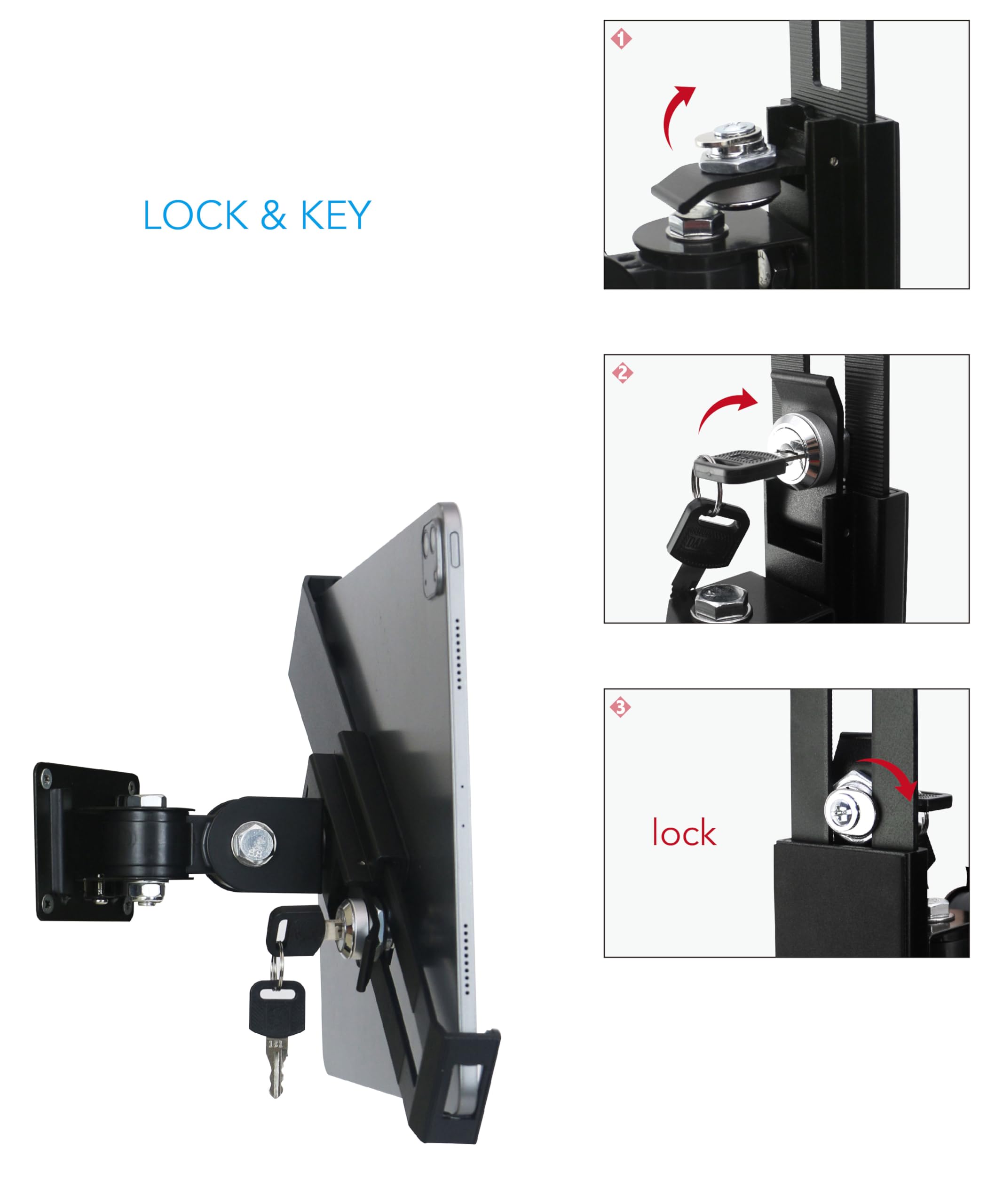 Soporte de pared para tablet con cerradura y llave, ajuste arbitrario giratorio, multiángulo, soporte para la mayoría de iPad de 11 a 13 pulgadas, y para iPad de 10.2, 10.5, 11, 11 y 12.9