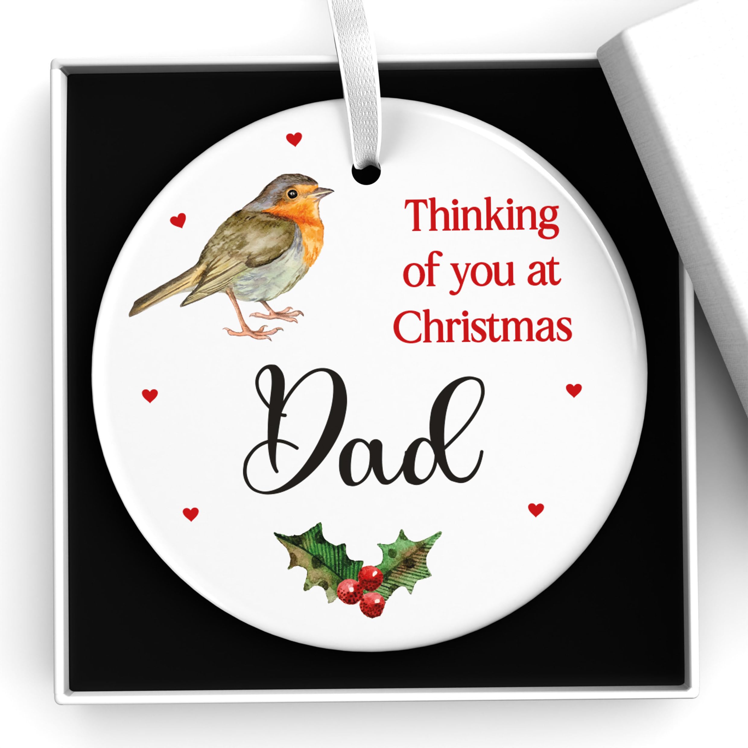 Christmas Robin Memorial Ornament, Personalised Thinking Of You Dad Mum Remembrance Bauble, With Gift Box