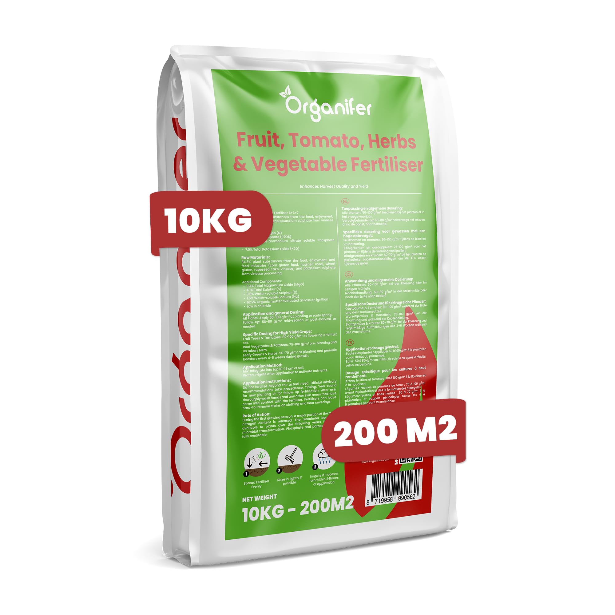 Engrais Pour Fruits, Tomates, Herbes Aromatiques Et Légumes - Tout-En-Un - 10 Kg Pour 200 M2 - Granulés Pour Une Croissance, Des Rendements Élevés Et Un Goût Délicieux - Organifer