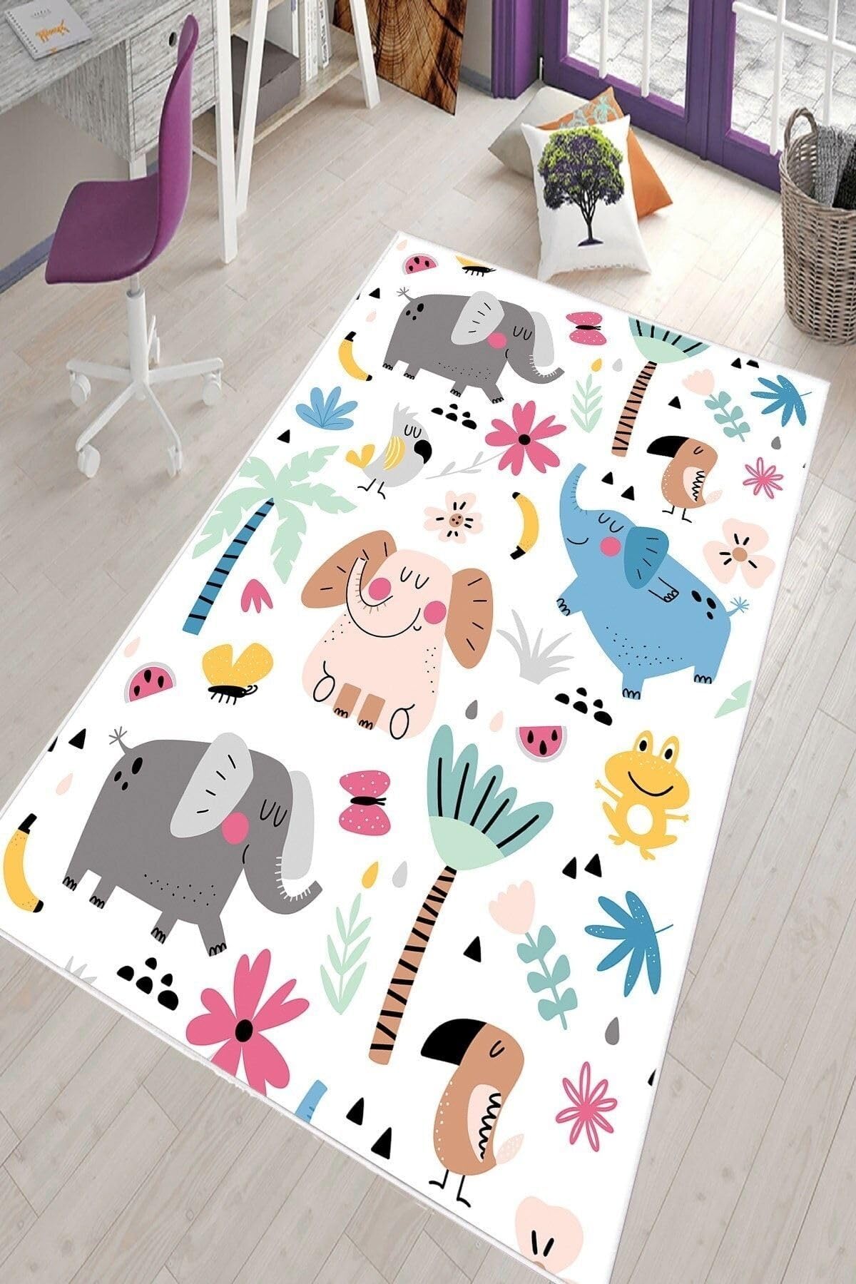 Pelangi Beyaz Sevimli Hayvanlar Desenli Yıkanabilir Kaymaz Taban Leke Tutmazbebek Ve Çocuk Odası Halısı, Beyaz-Gri 120 x 160, 901357047120160