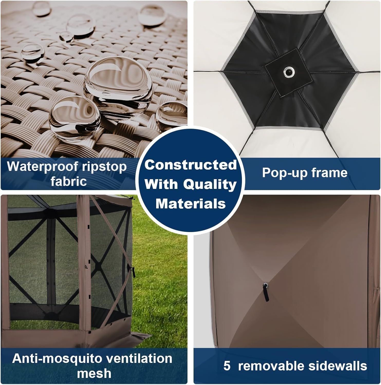 COBIZI 12x12FT Pop Up Gazebo Screen Tent Screen House for Camping, Screen Room with Mosquito Netting, Hub Tent Instant Screened Canopy with Carrying Bag and Ground Stakes, Brown