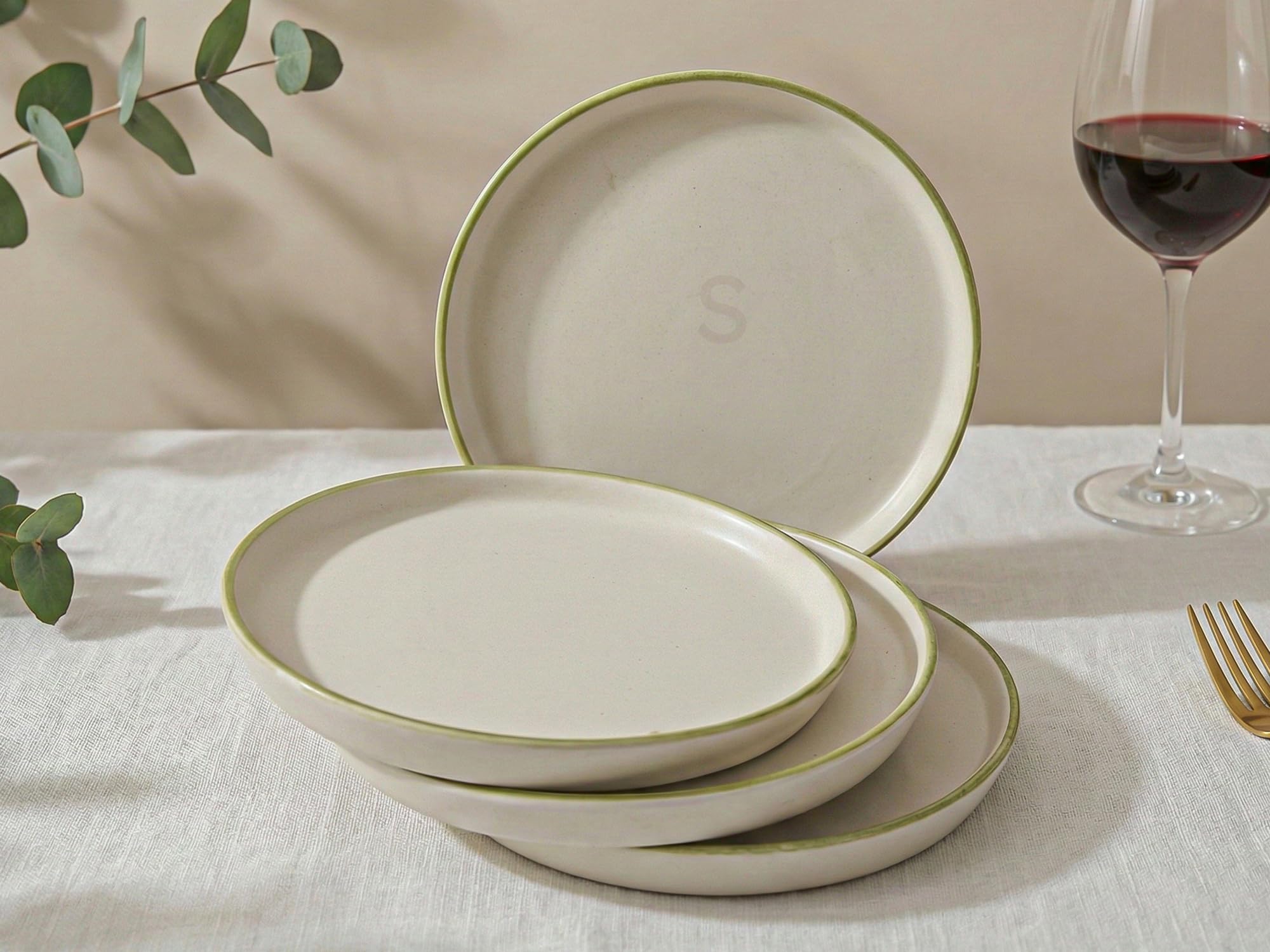Handpainted Premium Ceramic 4 Small Plates | Quarter Plates | Stoneware | Microwave and Dishwasher Safe | Pack of 4 | Eucalyptus White