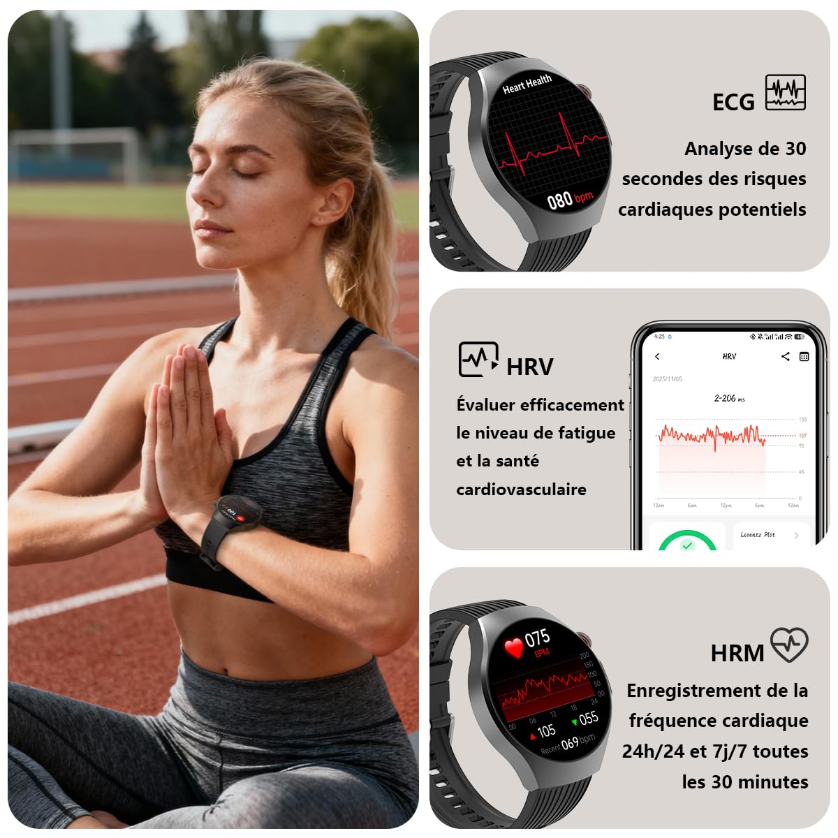 Montre Connectée Fitness Hommes Femmes ECG/Fréquence Cardiaque/Pression Artérielle/Calories/Moniteur Sommeil Tracker Activité 1,56 AMOLED Appels Bluetooth 14 Jours Autonomie