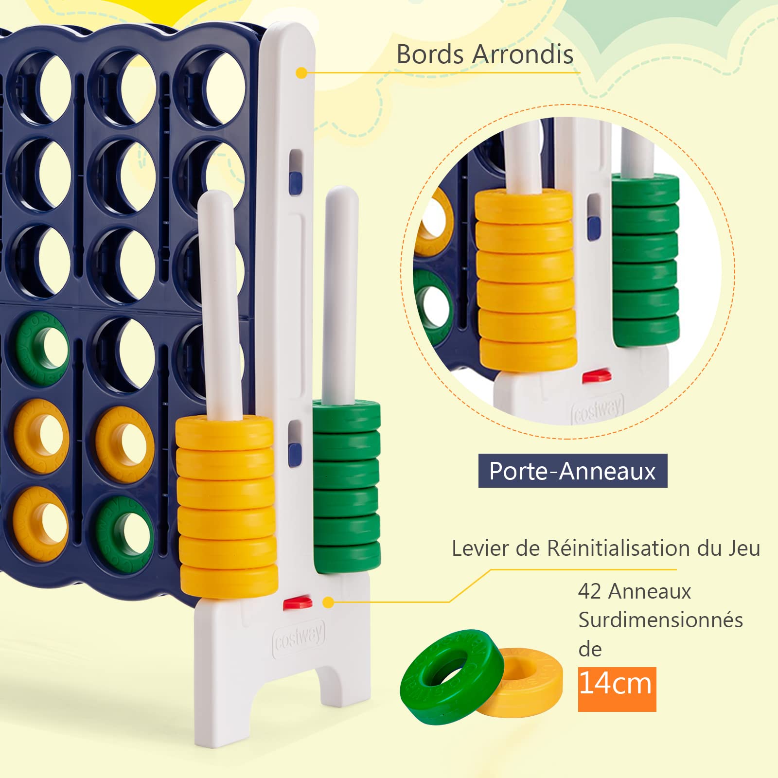 DREAMADE Jeu de Société Puissance 4 Géant pour Enfants 120 x 42 x 104CM avec 42 Anneaux, 4 Shots Géants avec Levier de Réinitialisation du Jeu, pour Réunions de Famille (Bleu Gris)