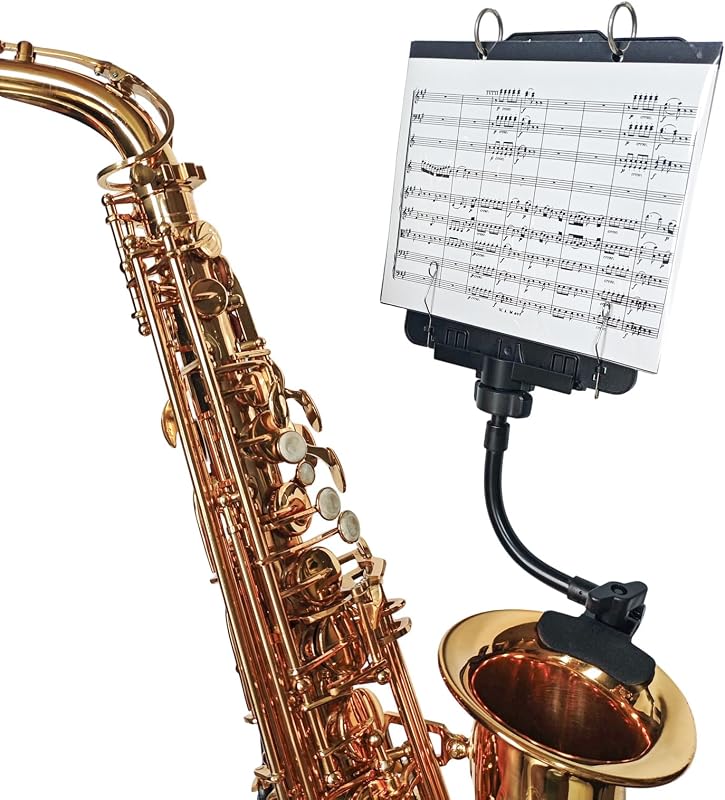 Adjustable Saxophone Lyre ST10S with Flip Folder for Marching Band | Saxophone-specific mount, adjustable viewing angle and distance, 10 clear sleeves, holds 20 music sheets