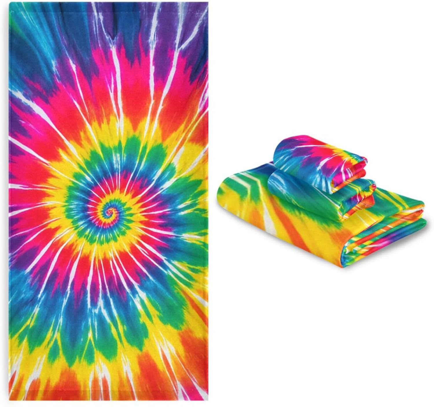 Pfrewn Tie Dye Towels Set of 3 Rainbow Hippie Colors Bathroom Towel Soft Absorbent Chic Abstract Swirl Bath Hand Towels Washcloth Guest Towel Sets Bathroom Decorations