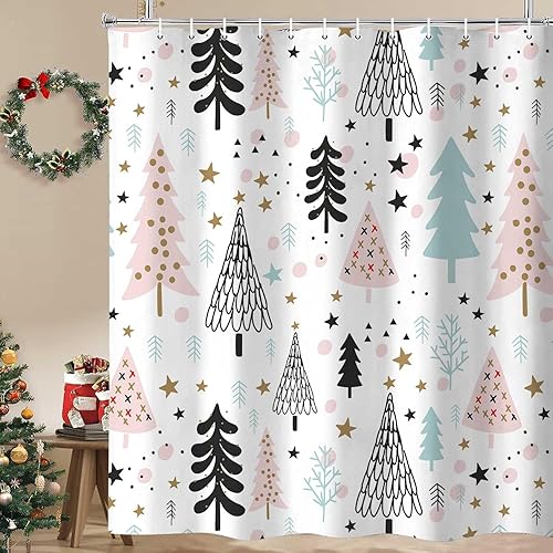 Cortina de ducha de Feliz Navidad, árbol de Navidad, Año Nuevo, decoración del hogar, cortinas de baño, juego de accesorios de baño de copos de