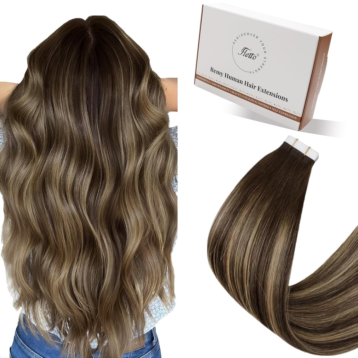 Hetto Tape Hair Extensions Human Hair Balayage Brown with Blonde Tape in Hair Extensions #4/27/4 Dark Brown Ombre Straberry Blonde Invisible Tape in