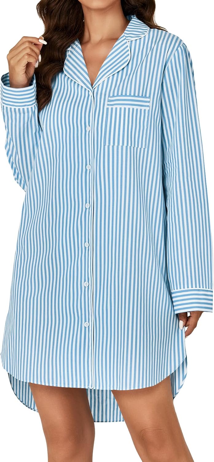 Rooscier Women's Striped Nightgown Collar V Neck Long Sleeve Sleep Shirts Nightdress Button Down Nightwear - Image 3