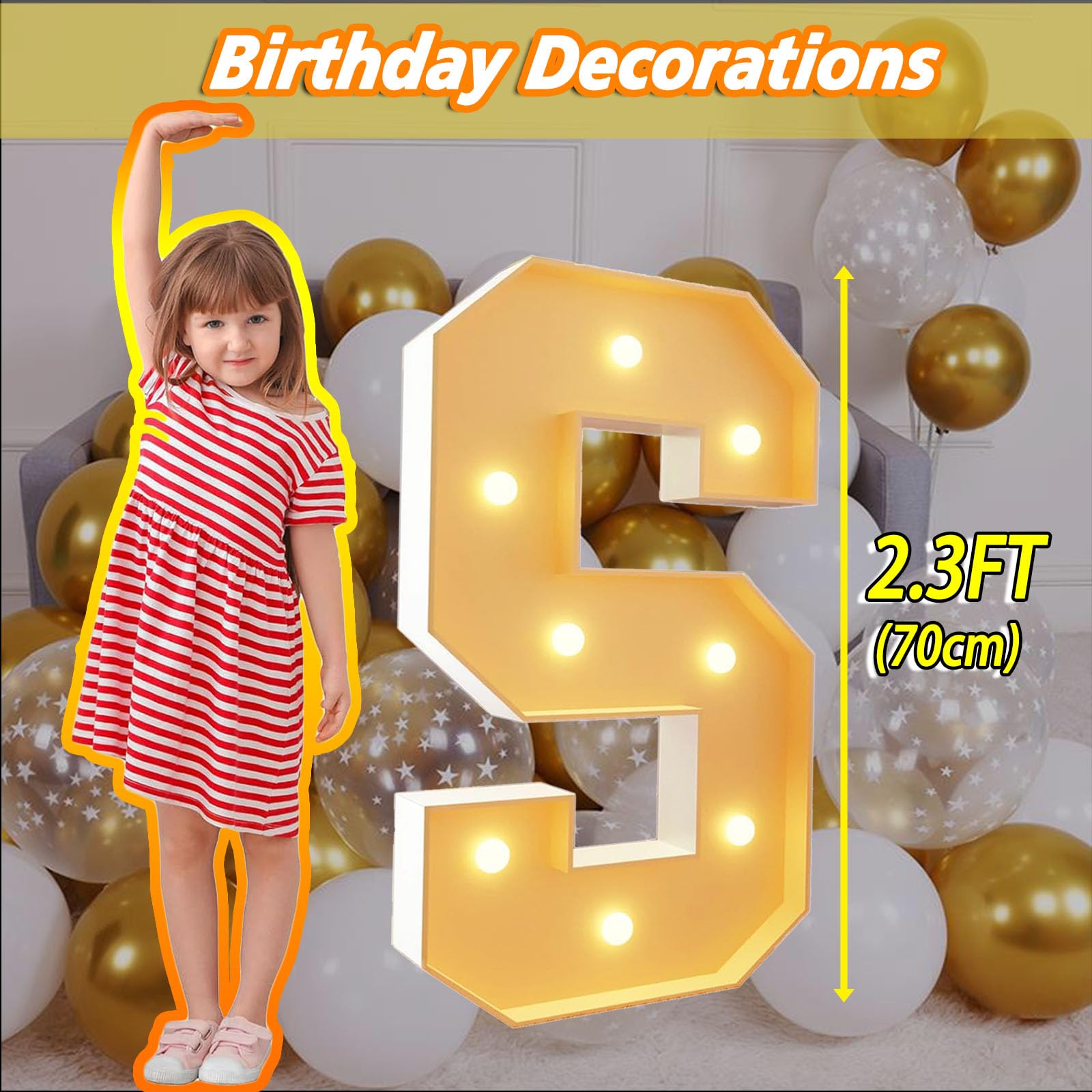 Lettres Lumineuses Chiffres S Blanches prédécoupées en Mousse, 70 cm (2,3 pi), Style mosaïque, pour Anniversaires, Mariages, naissances et fêtes.