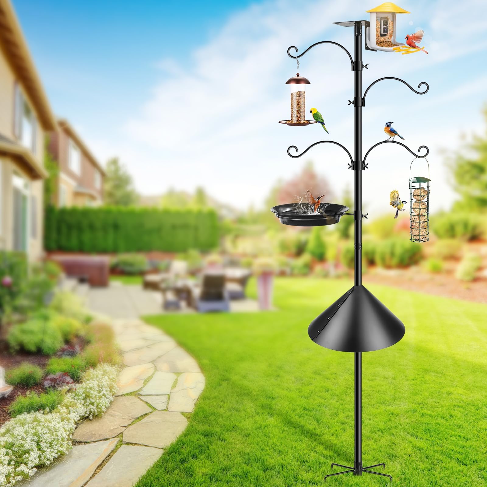 234 cm Mangiatoia per uccelli da esterni, Supporto Stazione Alimentazione Uccelli, Base Metallica Regolabile 5 Denti, Terrazza Decorazione Giardino (Senza Casetta) Kit Completo