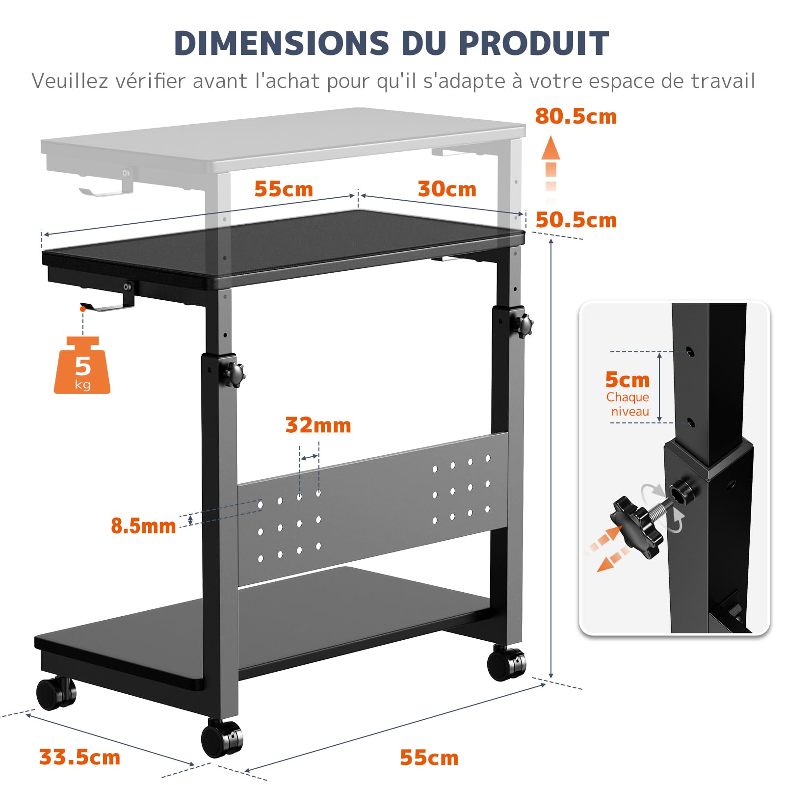 PUTORSEN Support Tour PC Réglable Hauteur à 2 Niveaux, avec Roulettes et Tapis de Souris, Support PC sous Bureau pour Boîtier ATX jusqu'à 40kg/Niveau, Support pour Imprimante de Bureau Domestique,Noir