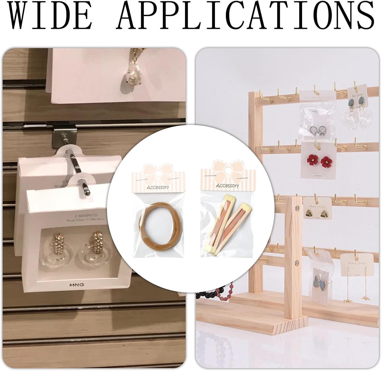 Gelirda 50 Sets Packaging Pouch with Foldable Header Cards Bowknot Printed Paper Cards & Rectangle Cellophane Bags for Jewelry Display