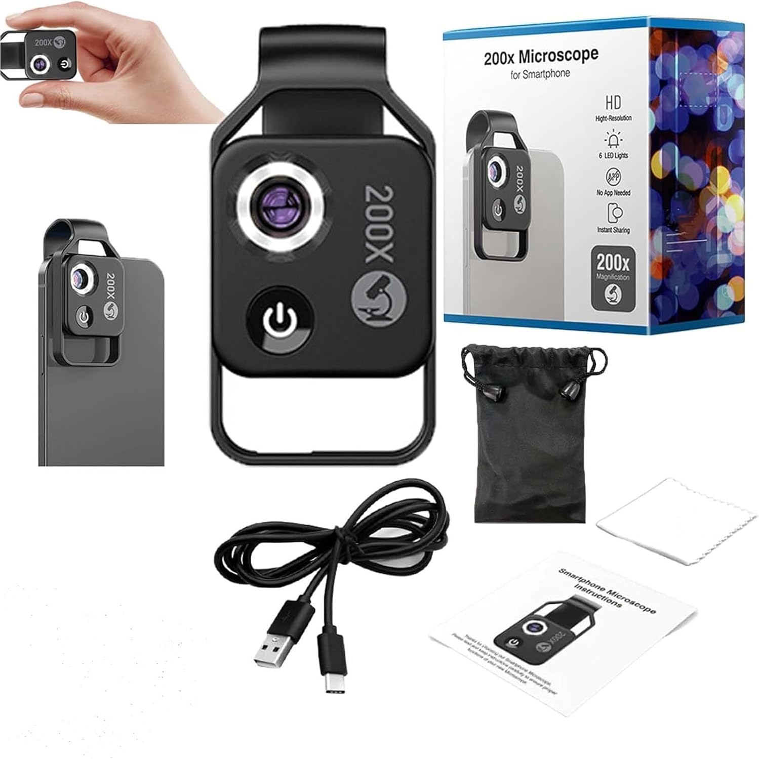 Nanozoom 200x Magnification Zoom, Cell Phone Lens, High-Tech Clip-On Lens Turns Any Smartphone into a Pro-Microscope, 200x Portable Pocket Camera with Cpl Lens/LED Light