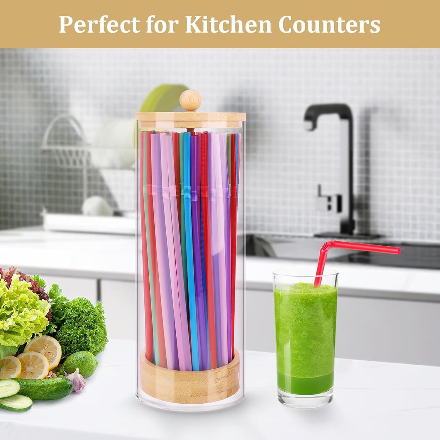 Straw Dispenser with Bamboo Lid Straw Dispenser with Clear Acrylic Holder Versatile Storage Container for Straws Utensils Makeup Brushes (25x8cm).