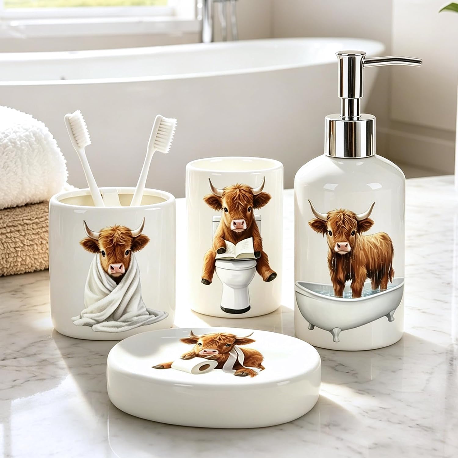 FYSUIMU 4Pcs Highland Cow Bathroom Accessories Cute Funny Yak Ceramic Liquid Dispenser Toothbrush Holder Tumbler Soap Dish for Bathroom Countertop Decor