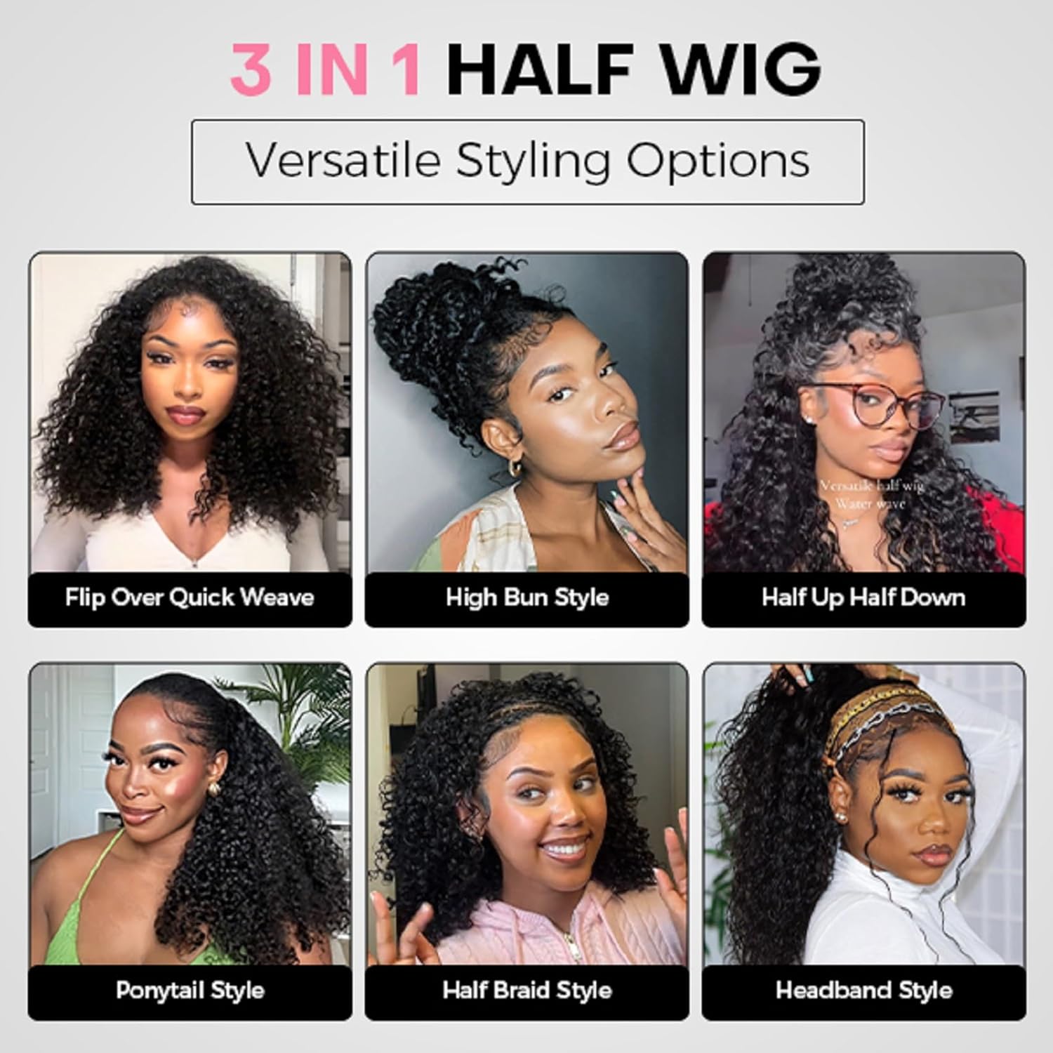Afro Kinky Curly 3 In 1 Half Wig Human Hair Seamless Flip Over Wear and Go Glueless Wigs Beginner Friendly 180% Density Curly Hair Drawstring Headband Wig 18Inch