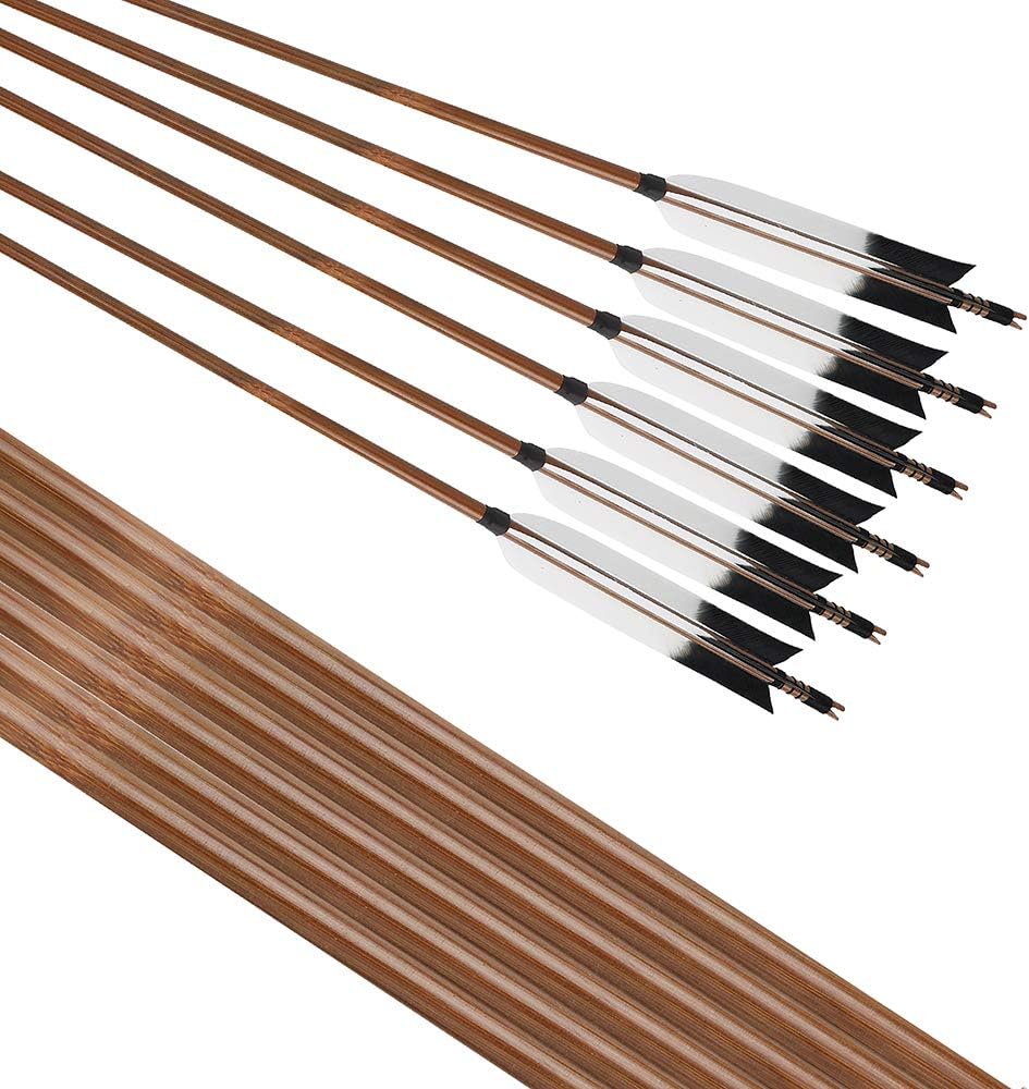 Archery Bamboo Arrows, 12 Pack Practice Targeting Hunting Arrow Handmade Self Nock 6.2" Turkey Feather Fletched for Longbow Traditional & Recurve Bow